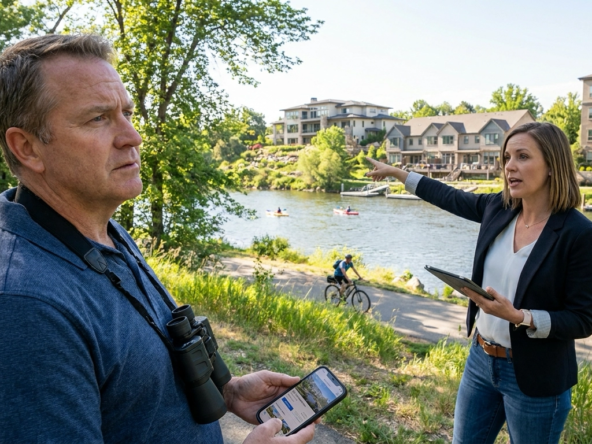 Buyer on Boise Greenbelt along river viewing nearby riverfront homes and condos with agent pointing out price tiers. River views and access creating premium appeal. Agent gesturing to property types—luxury estates on hillside, mid-range with river access, Greenbelt condos. Buyer examining with binoculars and phone listings, interested but cautious about pricing. River recreation—kayakers, cyclists—showing lifestyle value. Agent explaining river proximity premium. Contemplative expression weighing access benefits versus costs. Boise River showing desirable location driving values.