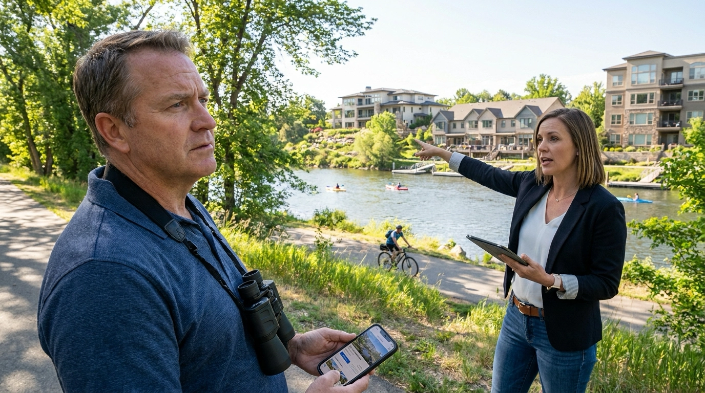 Buyer on Boise Greenbelt along river viewing nearby riverfront homes and condos with agent pointing out price tiers. River views and access creating premium appeal. Agent gesturing to property types—luxury estates on hillside, mid-range with river access, Greenbelt condos. Buyer examining with binoculars and phone listings, interested but cautious about pricing. River recreation—kayakers, cyclists—showing lifestyle value. Agent explaining river proximity premium. Contemplative expression weighing access benefits versus costs. Boise River showing desirable location driving values.