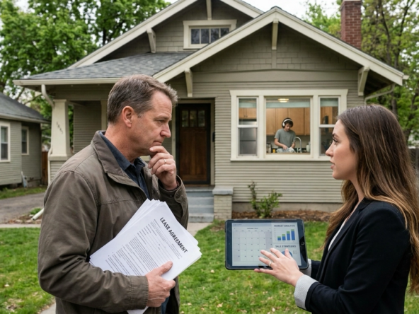 Landlord outside occupied Boise rental holding lease documents looking conflicted while property manager explains selling timing options. Tenant visible through window unaware of selling consideration. Manager pointing to lease termination timing, market conditions, vacant versus occupied strategies. Torn expression balancing tenant relationship with investment exit timing. Manager showing comparables for occupied versus vacant sales. Landlord examining lease expiration and market windows. Tenant rights and timing creating complex decision. Weighing tenant inconvenience versus sale optimization. Strategic timing requiring balance between legal obligations and financial goals.