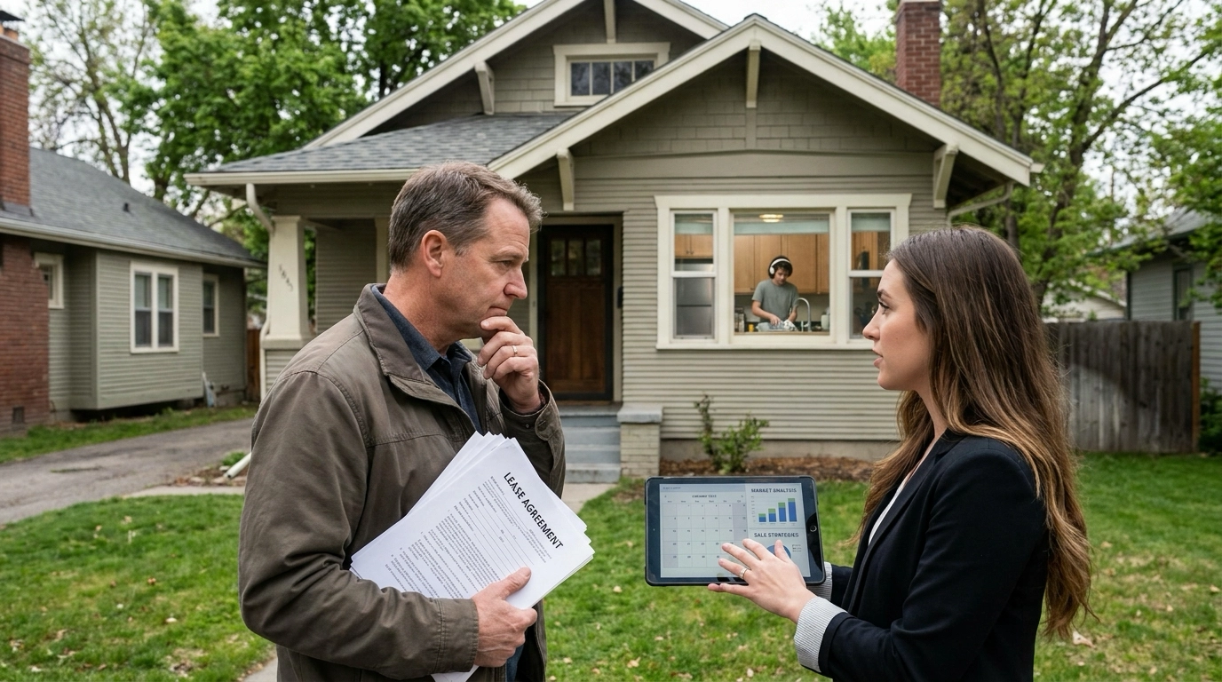 Landlord outside occupied Boise rental holding lease documents looking conflicted while property manager explains selling timing options. Tenant visible through window unaware of selling consideration. Manager pointing to lease termination timing, market conditions, vacant versus occupied strategies. Torn expression balancing tenant relationship with investment exit timing. Manager showing comparables for occupied versus vacant sales. Landlord examining lease expiration and market windows. Tenant rights and timing creating complex decision. Weighing tenant inconvenience versus sale optimization. Strategic timing requiring balance between legal obligations and financial goals.