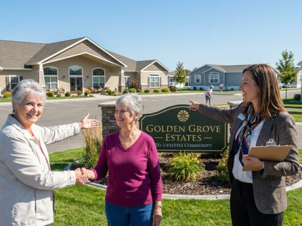 Senior relocating to Boise at 55+ manufactured home community entrance meeting specialized senior housing agent. Agent welcoming to well-maintained community showing clubhouse, amenities, age-restricted appeal. Senior looking hopeful about affordable low-maintenance lifestyle. Agent pointing to features and available homes. Senior's relief finding knowledgeable agent in this housing sector. Community showing mature residents, recreation, maintenance-free living. Agent's senior housing expertise in comfortable understanding consultation. Specialist helping navigate 55+ Boise options.