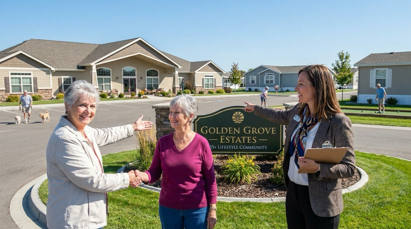 Senior relocating to Boise at 55+ manufactured home community entrance meeting specialized senior housing agent. Agent welcoming to well-maintained community showing clubhouse, amenities, age-restricted appeal. Senior looking hopeful about affordable low-maintenance lifestyle. Agent pointing to features and available homes. Senior's relief finding knowledgeable agent in this housing sector. Community showing mature residents, recreation, maintenance-free living. Agent's senior housing expertise in comfortable understanding consultation. Specialist helping navigate 55+ Boise options.