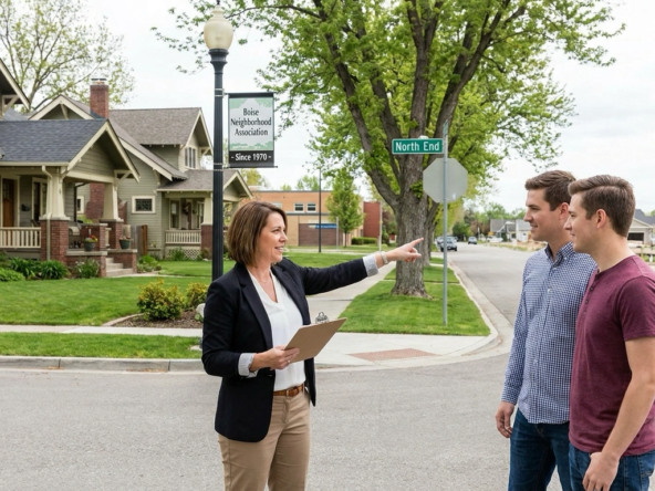 Market analyst in established desirable Boise neighborhood pointing to value retention indicators—mature trees, quality school, walkable amenities, homeowner maintenance, limited turnover, employment proximity. Comparing to different area in distance. Analyst explaining fundamentals creating stable demand across market cycles. Well-maintained homes, engaged community, timeless advantages evident. Confident explanation of durability factors. Buyer understanding long-term appreciation drivers beyond trends. Resilient market position through established quality.