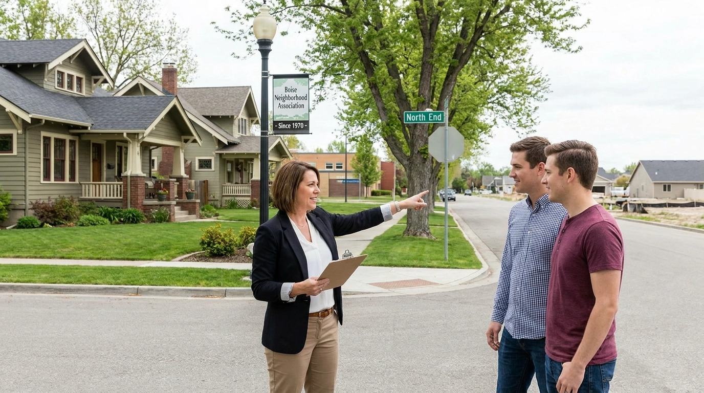 Market analyst in established desirable Boise neighborhood pointing to value retention indicators—mature trees, quality school, walkable amenities, homeowner maintenance, limited turnover, employment proximity. Comparing to different area in distance. Analyst explaining fundamentals creating stable demand across market cycles. Well-maintained homes, engaged community, timeless advantages evident. Confident explanation of durability factors. Buyer understanding long-term appreciation drivers beyond trends. Resilient market position through established quality.