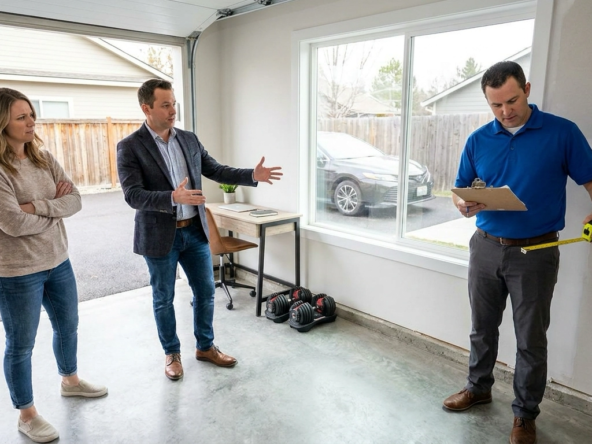 Homeowner in converted garage space—now office, gym, or living area—with appraiser and agent evaluating market impact. Appraiser examining conversion quality and permits. Agent pointing to positives—added space and functionality—and negatives—lost parking and storage. Uncertain expression about value impact. Driveway lacking covered parking visible. Quality finishes but eliminated garage function. Valuation complexity in divided expert opinions. Realizing conversion impact depends on buyer preferences and Boise neighborhood norms