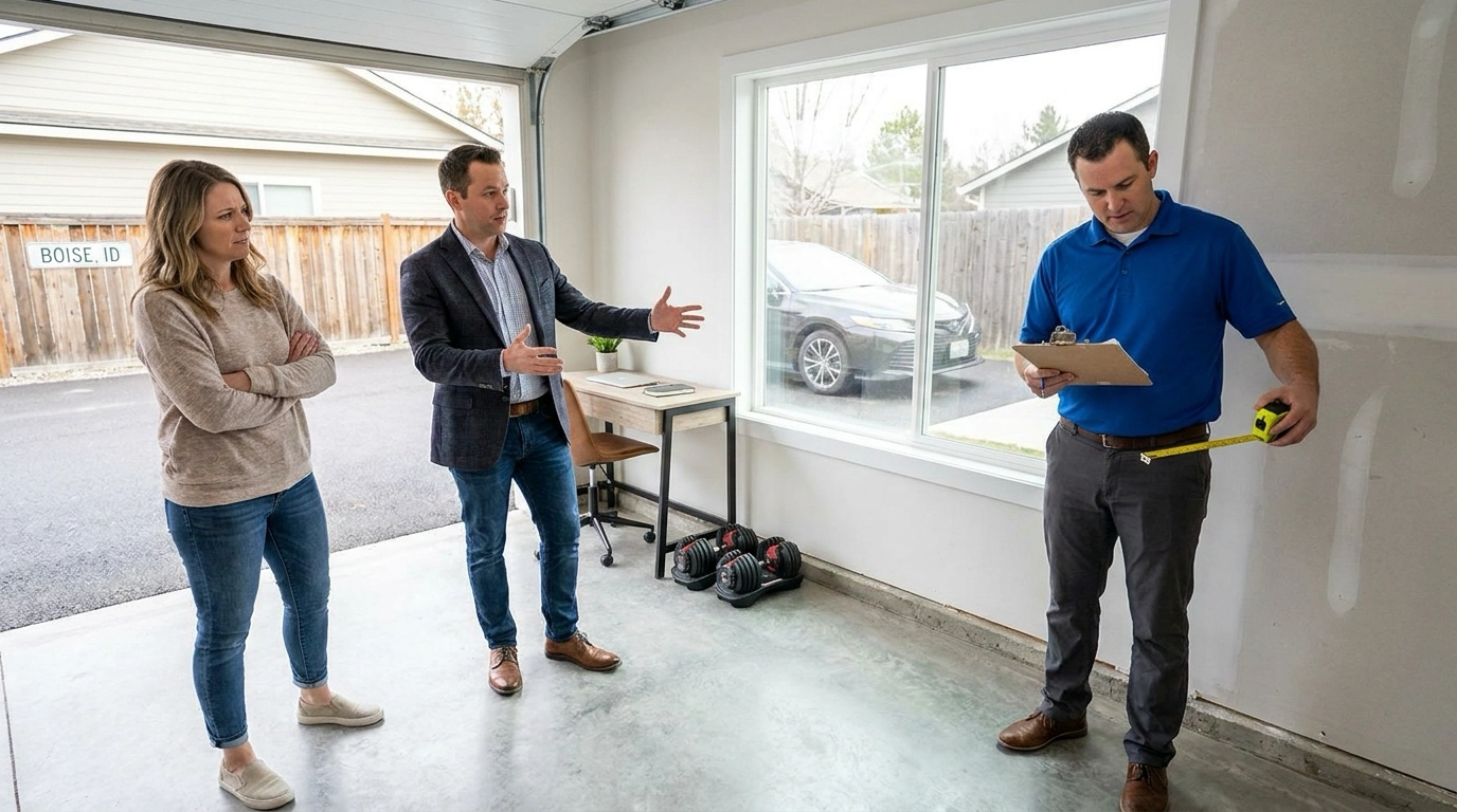 Homeowner in converted garage space—now office, gym, or living area—with appraiser and agent evaluating market impact. Appraiser examining conversion quality and permits. Agent pointing to positives—added space and functionality—and negatives—lost parking and storage. Uncertain expression about value impact. Driveway lacking covered parking visible. Quality finishes but eliminated garage function. Valuation complexity in divided expert opinions. Realizing conversion impact depends on buyer preferences and Boise neighborhood norms