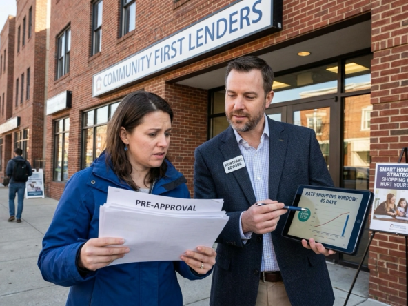 Worried buyer outside lending institution holding multiple lender pre-approval letters, concerned about credit impact. Mortgage advisor explaining rate shopping window protections reassuringly. Buyer's anxious expression showing misconception about applications damaging score. Advisor pointing to timeframe guidelines and smart strategies. Buyer examining letters showing comparison shopping. Advisor's educational tone demystifying credit fears. Relief showing as advisor explains proper rate shopping within window won't hurt credit. Financial education dispelling common homebuyer credit myths.