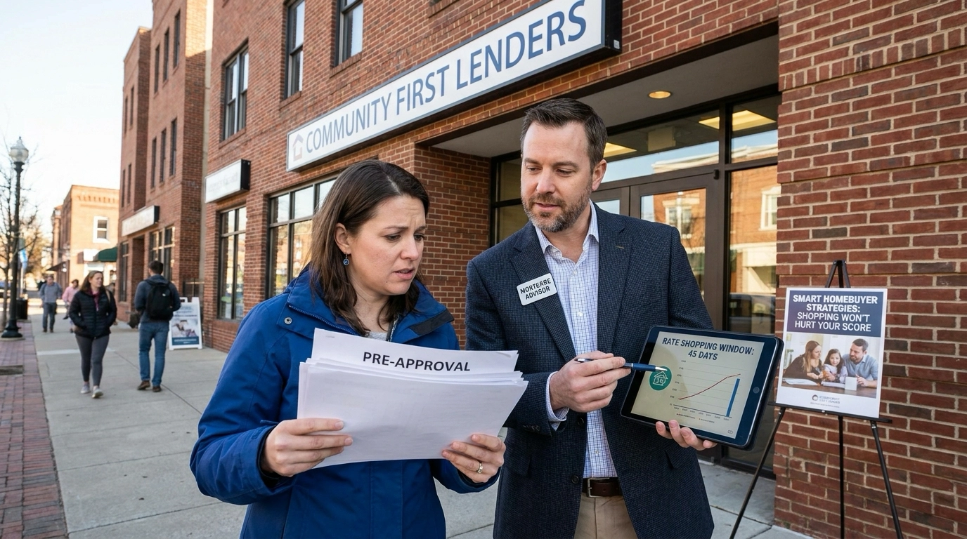 Worried buyer outside lending institution holding multiple lender pre-approval letters, concerned about credit impact. Mortgage advisor explaining rate shopping window protections reassuringly. Buyer's anxious expression showing misconception about applications damaging score. Advisor pointing to timeframe guidelines and smart strategies. Buyer examining letters showing comparison shopping. Advisor's educational tone demystifying credit fears. Relief showing as advisor explains proper rate shopping within window won't hurt credit. Financial education dispelling common homebuyer credit myths.
