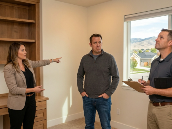 Homeowner in bedroom where closet removed for built-in home office, looking uncertain while appraiser examines modification. Agent pointing to advantages—functional workspace with custom built-ins—and disadvantages—bedroom no longer technically qualifies without closet. Conflicted expression realizing remote work appeal versus bedroom count reduction. Appraiser noting classification impact. Quality conversion but missing closet creating valuation question. Agent explaining buyer preference variability. Contemplating workplace functionality versus bedroom count in Boise market