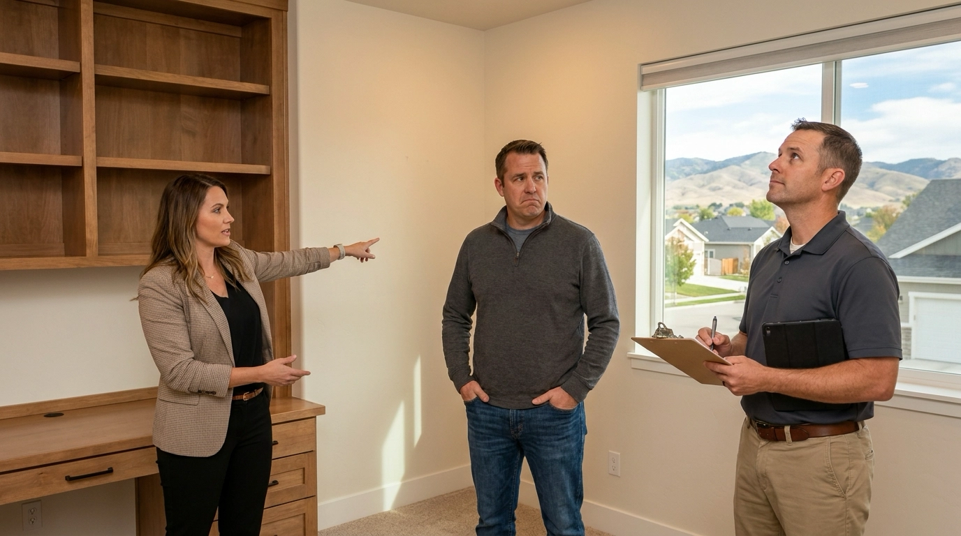 Homeowner in bedroom where closet removed for built-in home office, looking uncertain while appraiser examines modification. Agent pointing to advantages—functional workspace with custom built-ins—and disadvantages—bedroom no longer technically qualifies without closet. Conflicted expression realizing remote work appeal versus bedroom count reduction. Appraiser noting classification impact. Quality conversion but missing closet creating valuation question. Agent explaining buyer preference variability. Contemplating workplace functionality versus bedroom count in Boise market