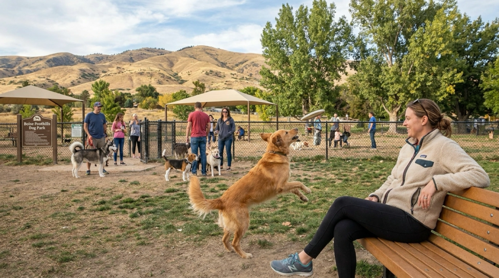 Dog owner with energetic dog in Boise park playing and socializing. Park amenities visible. Relaxed expression enjoying activity. Other families with dogs in background. Community atmosphere. Boise backdrop.