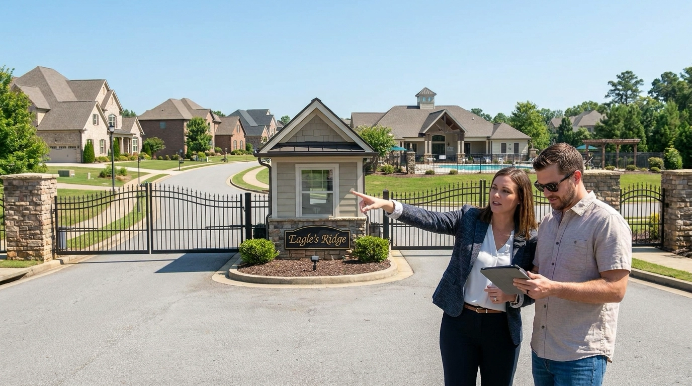 Buyer at Eagle gated community entrance with agent examining security and features. Upscale neighborhood visible. Agent pointing to amenities. Interested expression evaluating gated appeal.