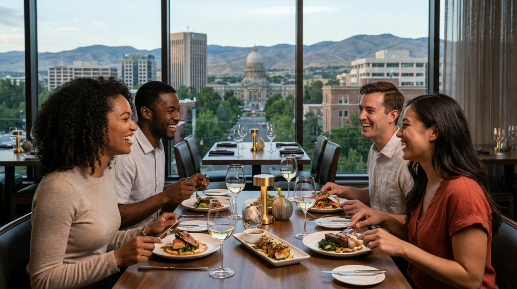Diners at upscale Boise restaurant enjoying meal together. Modern interior with downtown view visible. Engaged expressions enjoying food. Restaurant ambiance evident. Satisfied with dining experience.