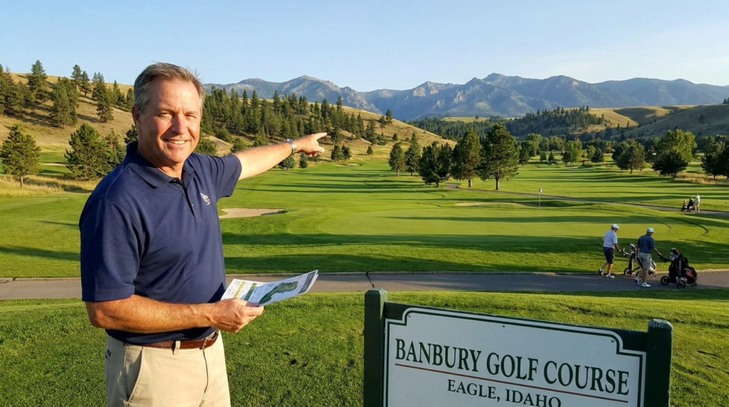 Golfer on scenic course examining layout with mountain backdrop. Pleased with quality and setting. Beautiful fairways visible. Other golfers in background. Premium positioning evident. Satisfied expression enjoying recreational opportunity.