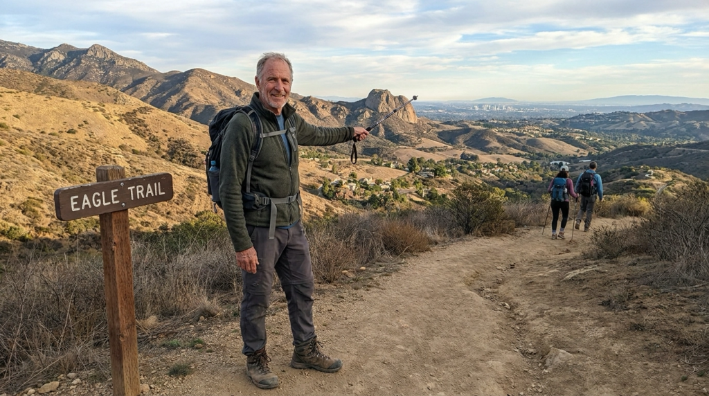 Hiker on scenic Eagle trail with valley views visible. Pointing out features and vistas. Energized outdoor lifestyle expression. Other hikers visible. Foothills and landscape backdrop. Satisfied expression enjoying accessible recreation.