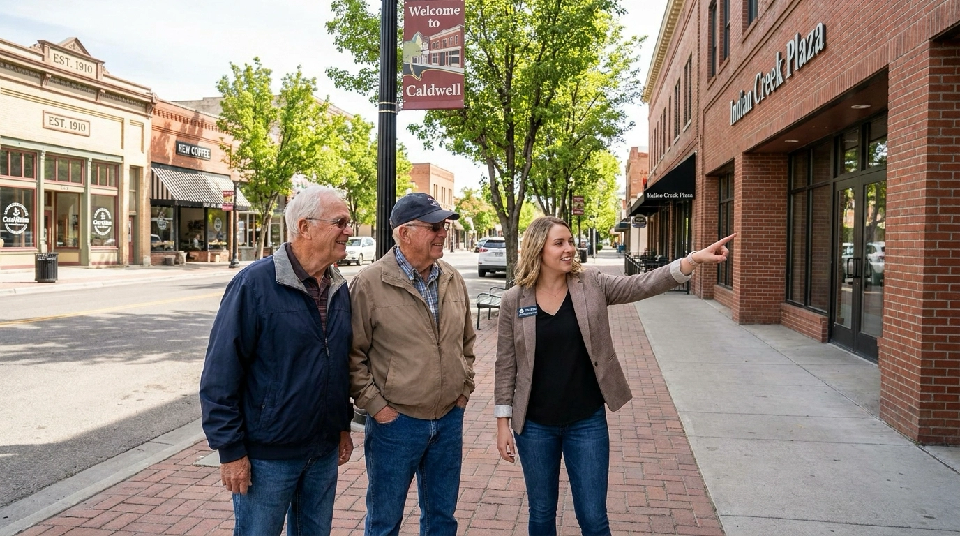 Buyers walking Caldwell downtown with agent observing character and revitalization. Agent pointing to amenities and affordability. Couple examining available homes interested. Historic character and growth visible. Agent discussing Caldwell's market position.