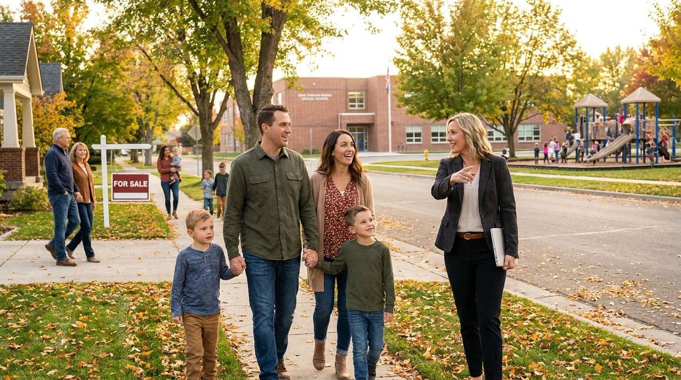 Family walking Eagle neighborhood observing schools, parks, community activity. Agent pointing out features. Children playing nearby. Engaged family exploring area.