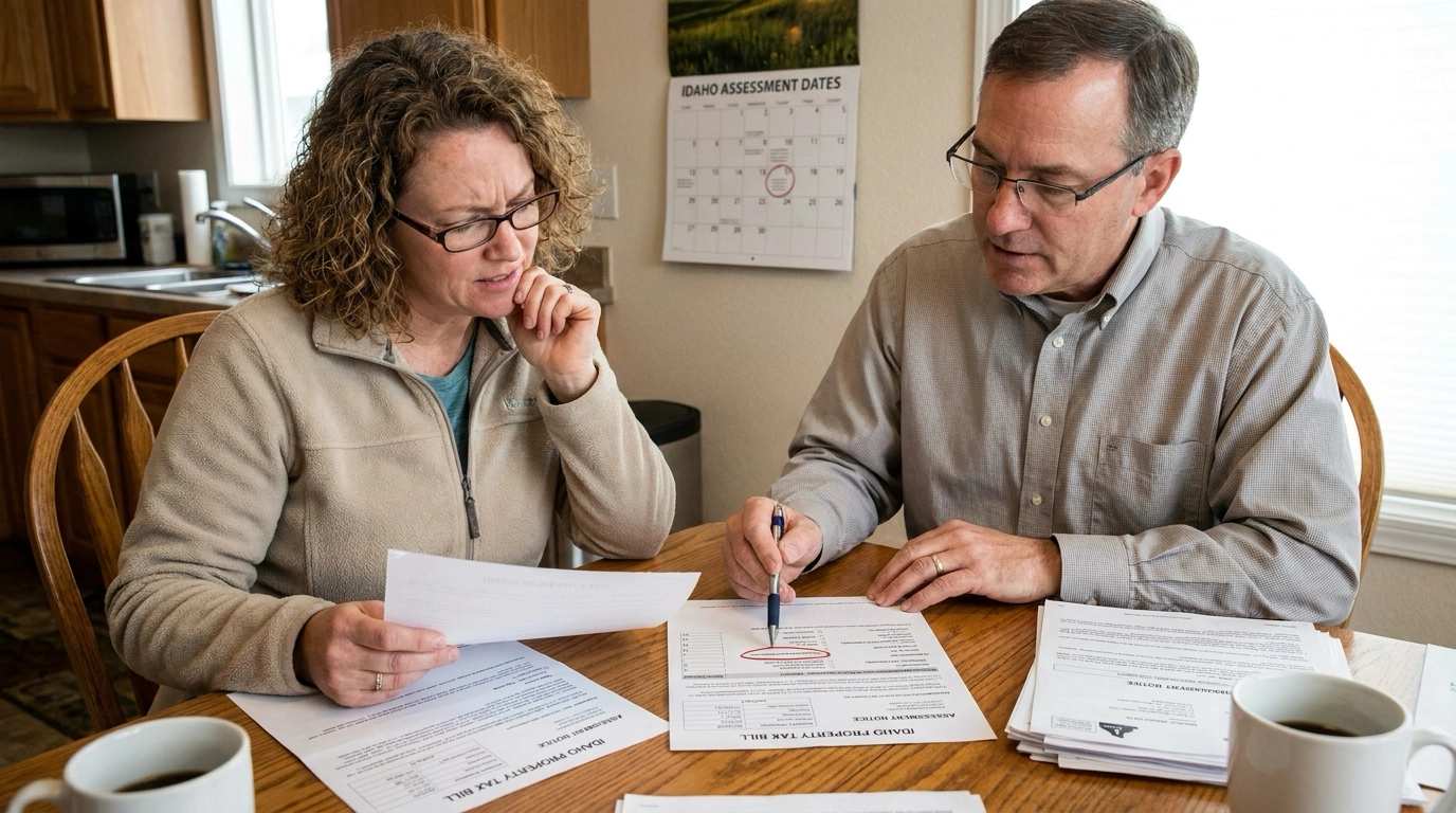 Homeowner with tax advisor examining property tax bill and assessment notice. Advisor pointing to components—value, mill levy, exemptions—explaining calculation. Homeowner holding documents reviewing. Assessment dates visible. Educational teaching moment. Demystifying tax system.