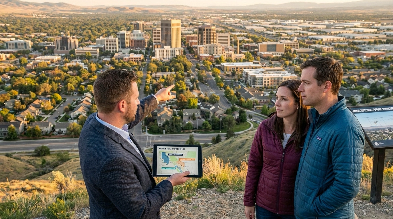 Buyers discussing Meta's Idaho impact with agent at elevated Boise viewpoint. Agent pointing to likely impacted areas. Couple contemplating job growth effects on housing market. Landscape showing growth. Forward-thinking expressions about market evolution.