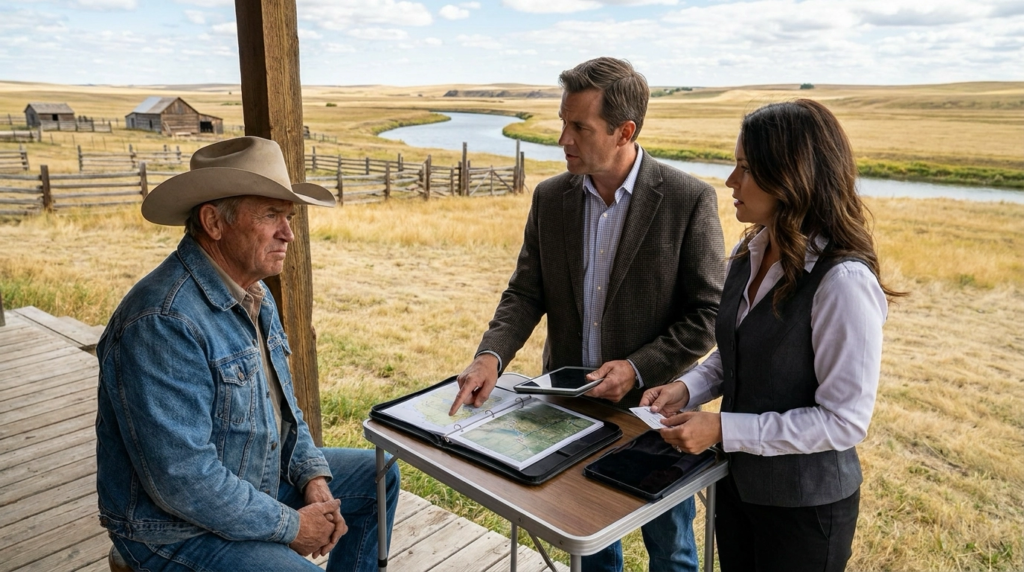 Ranch owner interviewing listing agents at property examining portfolios of past sales. Selective expression evaluating agents' acreage expertise. Ranch setting with river backdrop. Agents presenting credentials.