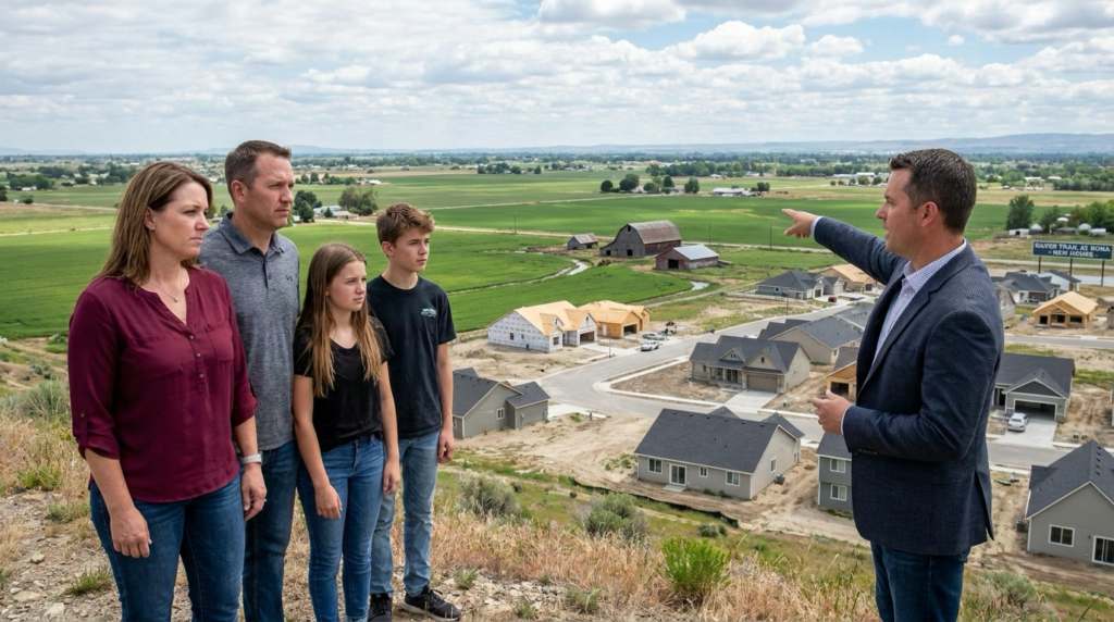 Relocating family observing Kuna's rapid growth with new development and rural character visible. Mix of subdivisions and farmland. Contemplative expressions weighing growth benefits and affordability. Agent discussing transformation.