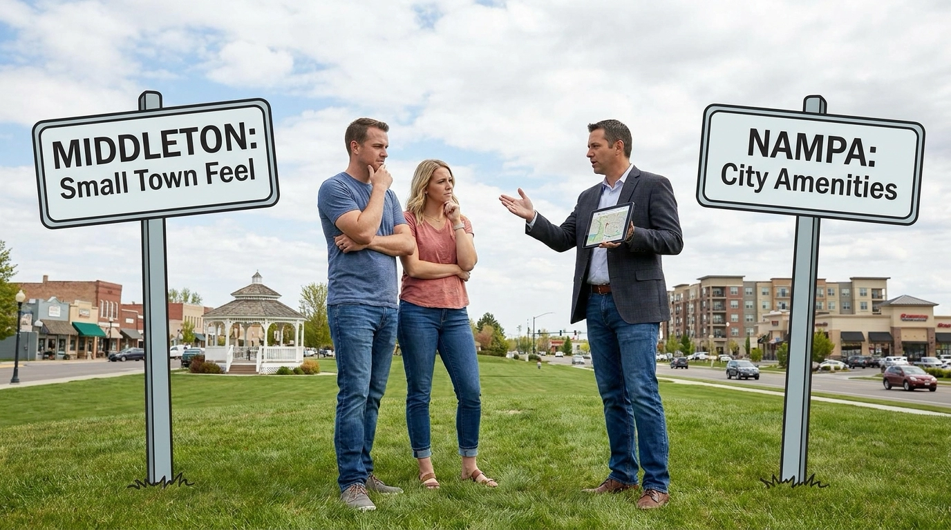 Buyer couple positioned between Middleton and Nampa town centers, comparing lifestyle and community character. One side showing smaller community setting, other showing larger city amenities. Agent explaining differences. Contemplative comparison expressions.
