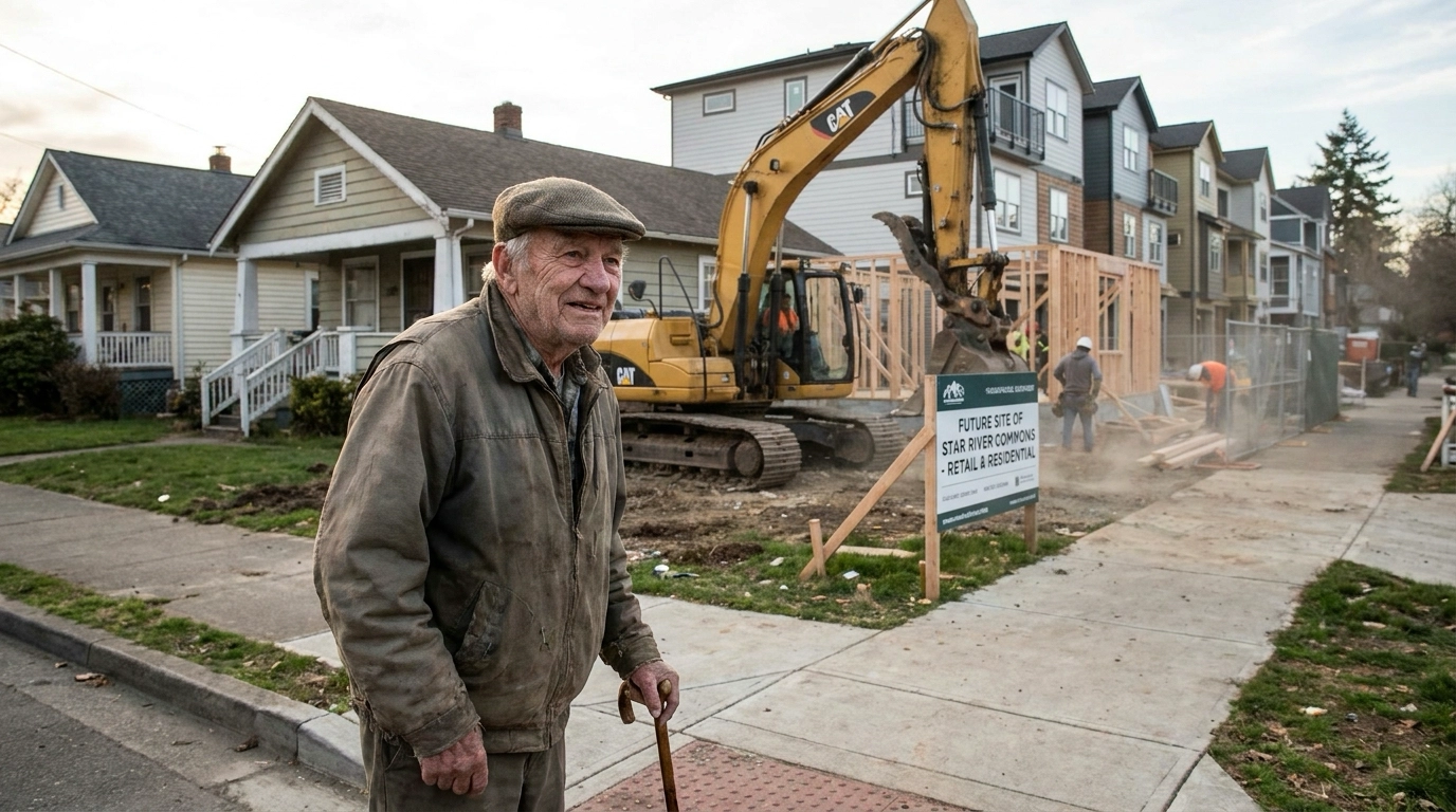 Star resident observing rapid neighborhood transformation. New construction and growth visible. Mixed expression about boom-town changes. Development and established properties visible.