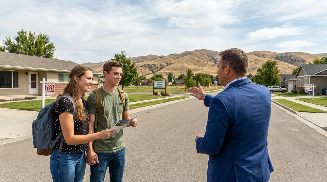 First-time buyers walking Eagle neighborhood with agent pointing to starter homes and features. Hopeful expressions examining entry-level properties. Agent indicating benefits—schools, parks. Eagle foothills backdrop. Affordable option visible.