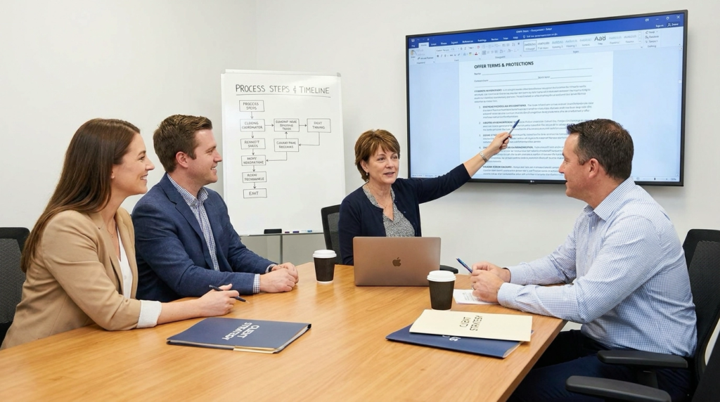 Buyers meeting negotiator and closing coordinator reviewing contract strategy and timeline. Negotiator pointing to offer terms and protections. Coordinator explaining process steps. Confident expressions with professional support. Organization materials visible.