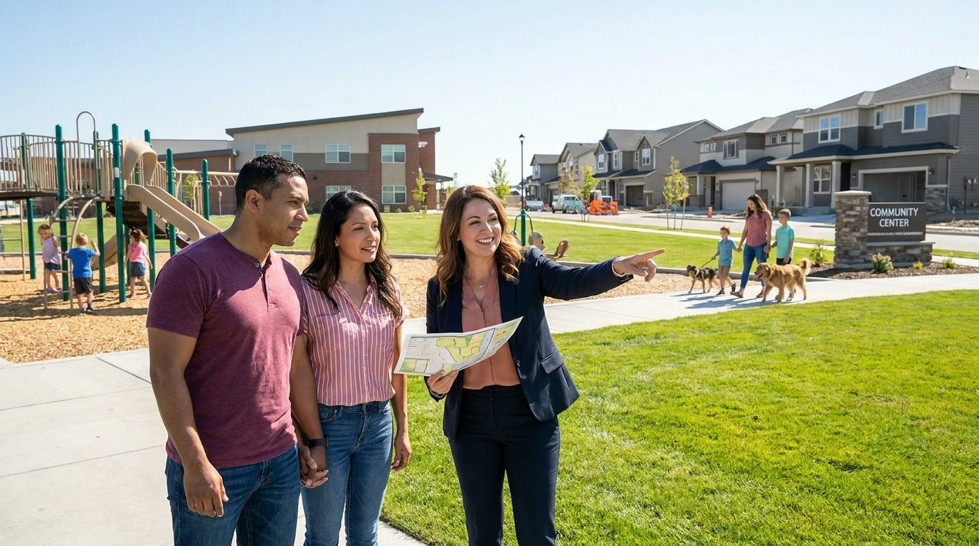 Buyers walking Meridian neighborhood with agent showing community options. Agent pointing to family areas, developments, schools. Couple observing active community and construction. Agent explaining growth and variety. Engaged expressions evaluating Meridian appeal.