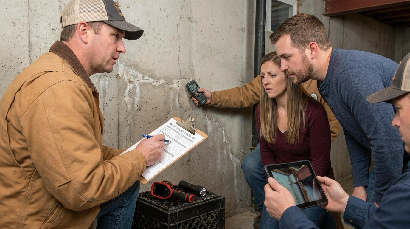 Inspector with buyers examining foundation during inspection with diagnostic tools. Inspector pointing to findings on report. Attentive expressions learning issues discovered. Photographing concerns. Real home showing typical findings. Educational consultation about implications and steps.