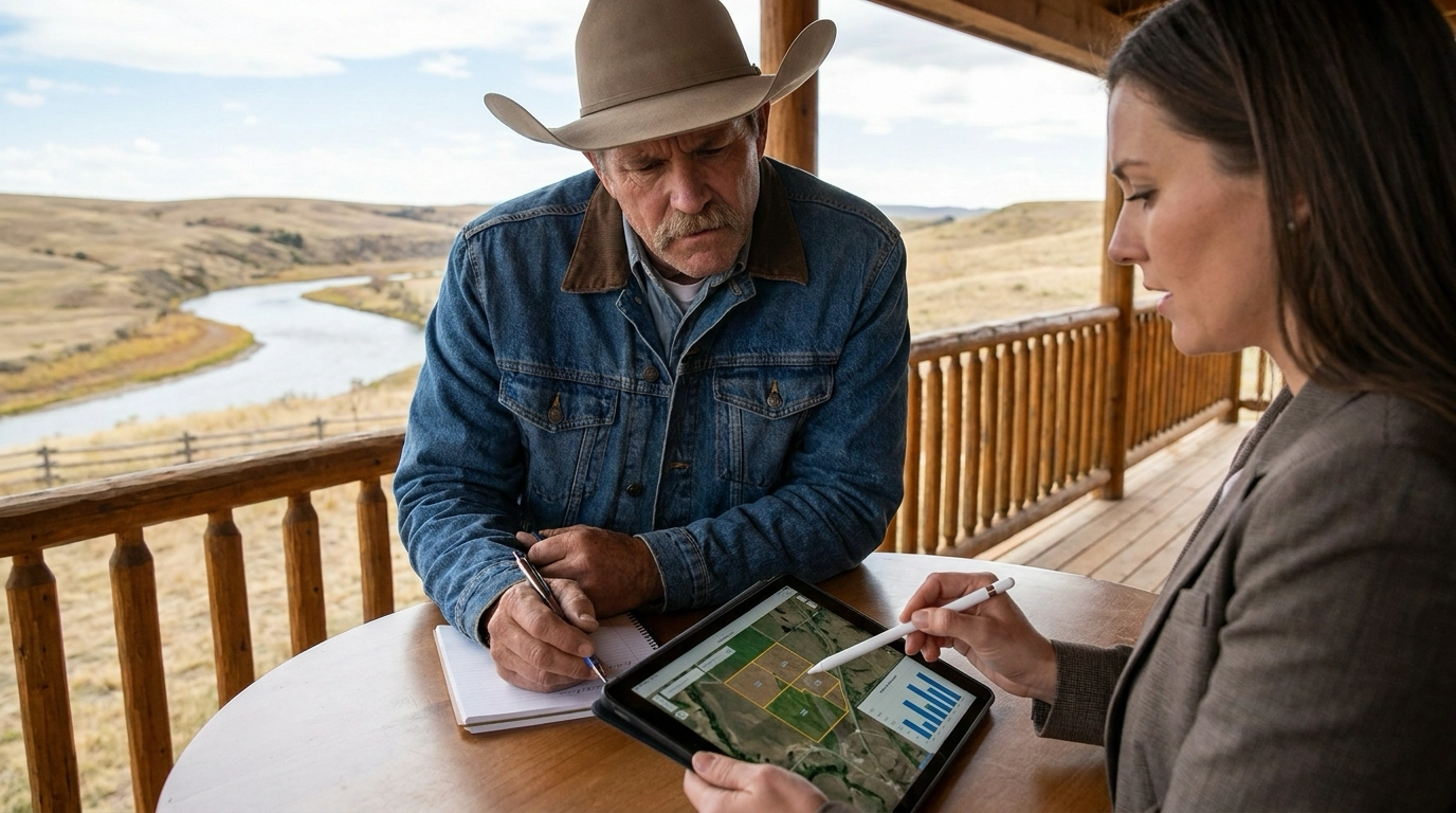 Ranch owner with appraiser examining property characteristics affecting appraisal. Appraiser assessing acreage, water features on clipboard. Owner contemplative about appraisal value for downsize funding. River views visible.