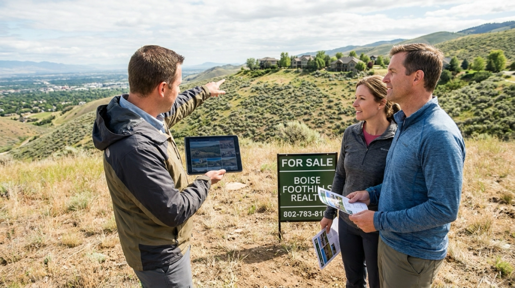 Buyers on Boise Foothills hillside with views examining listings with agent. Agent pointing to mountain view properties. Interested expressions evaluating. Scenic mountain backdrop emphasizing location. Agent gesturing to Foothills character and lifestyle benefits.