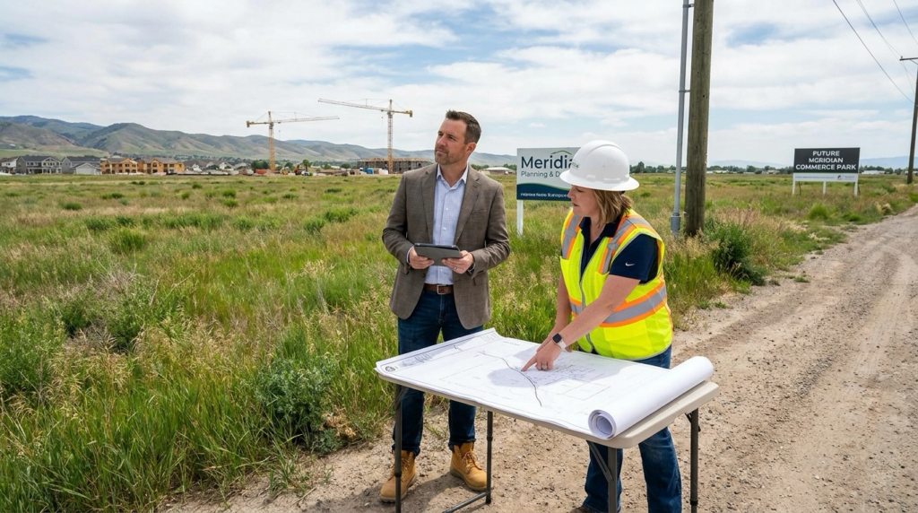 Land investor on vacant Meridian property examining potential with specialist. Specialist pointing to characteristics and zoning. Analytical expression evaluating opportunity. Meridian landscape and development visible. Specialist explaining value drivers. Land assessment moment.
