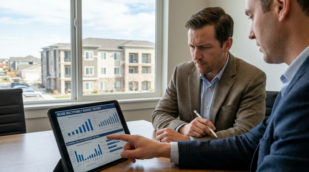 Investment buyer with specialist examining multifamily factors on tablet—income potential, management, maintenance. Specialist pointing to analysis and metrics. Analytical expression understanding complexity. Multifamily property visible. Professional guidance evaluating investment considerations.