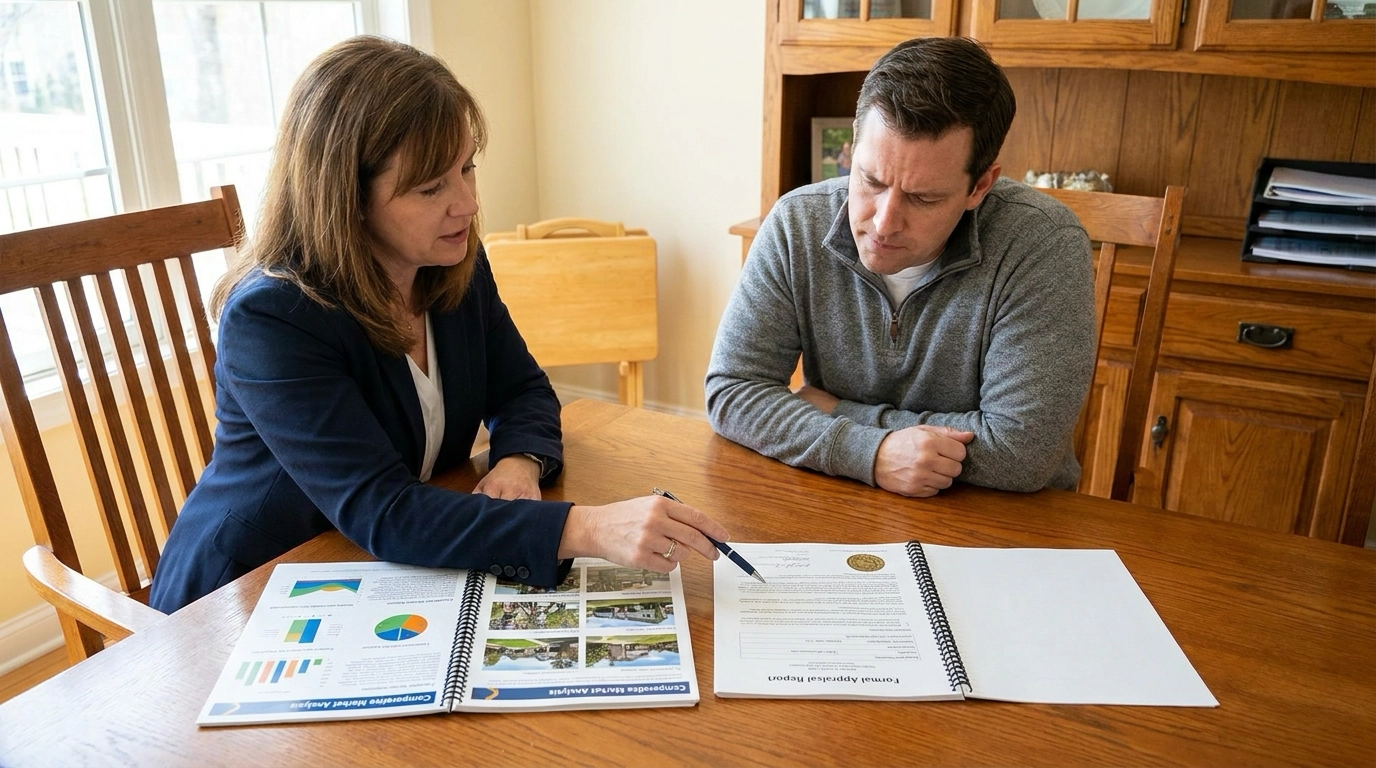 Cash buyer with agent reviewing proof of funds and timeline on tablet. Agent pointing to advantages and required steps. Confident expression understanding simplified process.