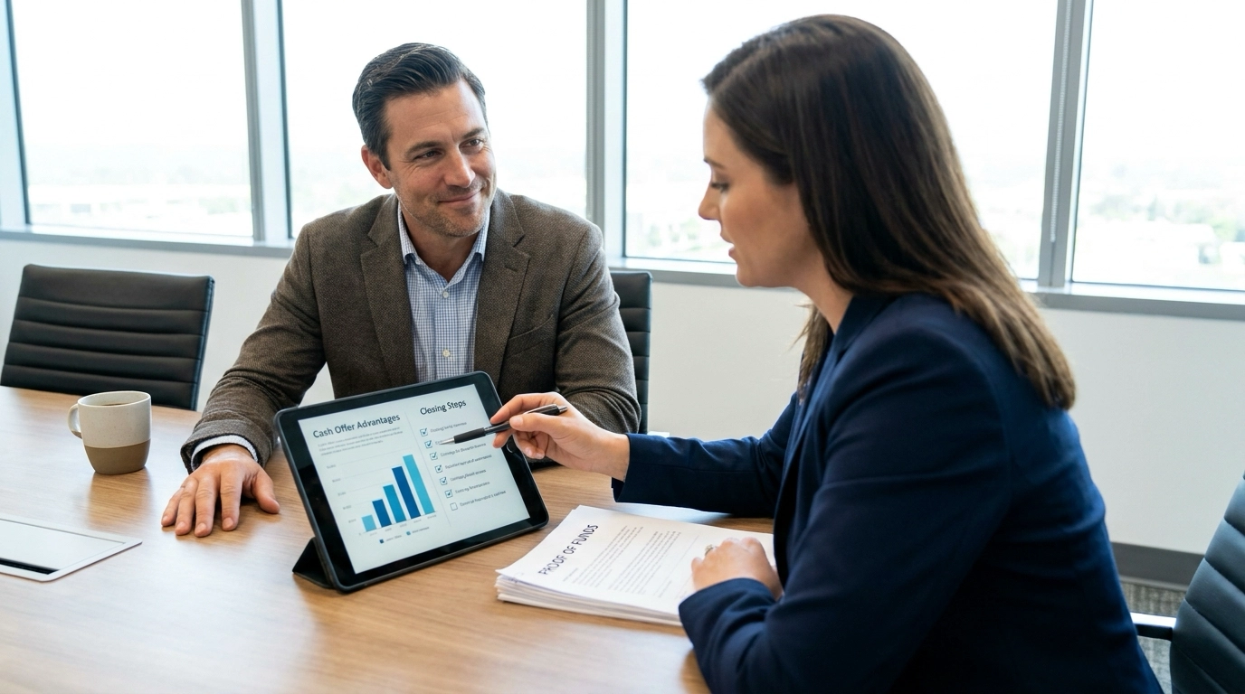 Seller with agent comparing CMA and appraisal documents side by side. Agent pointing to differences in purpose and methodology. Curious expression understanding tool purposes.