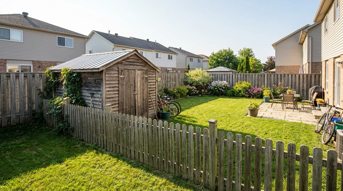 Backyard shed positioned near a property line fence between two homes