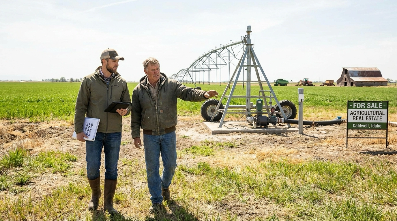 Farmland owner walking property with agricultural specialist examining fields and irrigation. Specialist pointing to soil and water rights documentation. Practical expression discussing preparation steps. Farmland with irrigation equipment visible.
