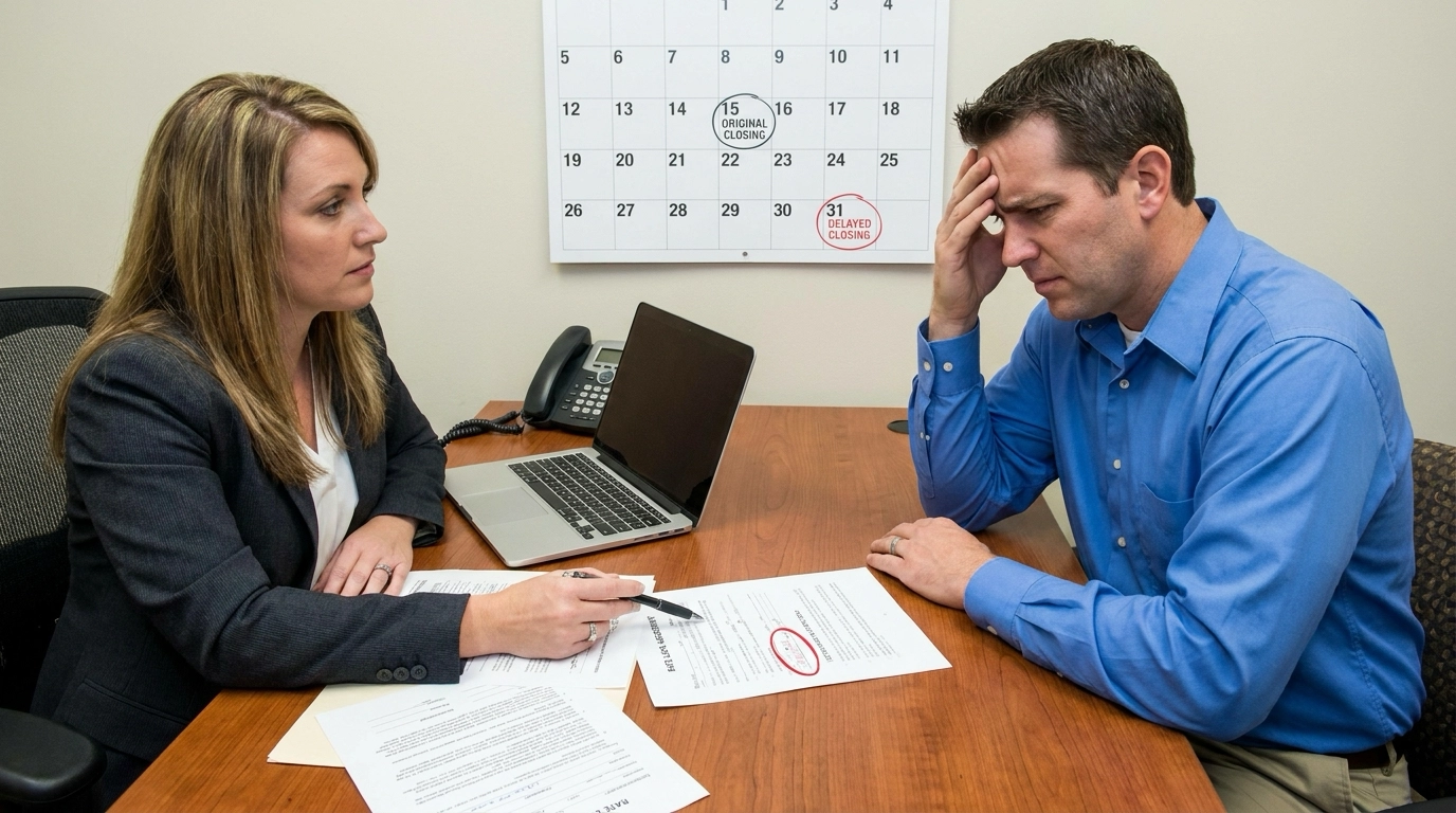 Buyer with loan officer reviewing rate lock agreement and extension terms. Officer pointing to expiration and fees. Concerned expression understanding delay implications. Calendar showing dates visible alongside document.