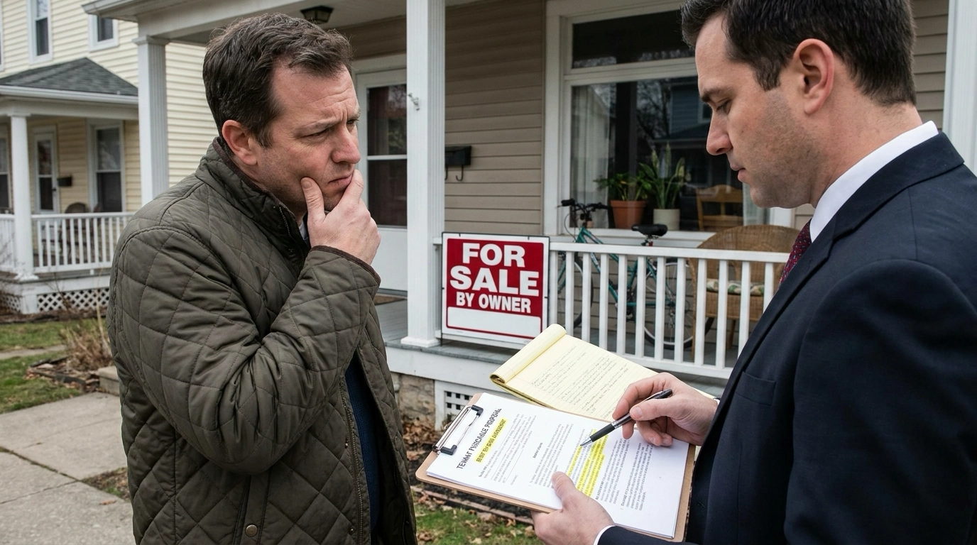 Landlord outside rental property with attorney reviewing tenant purchase proposal. Attorney pointing to risk factors and protections. Cautious expression weighing relationship against complexity. Property visible with occupied signs.