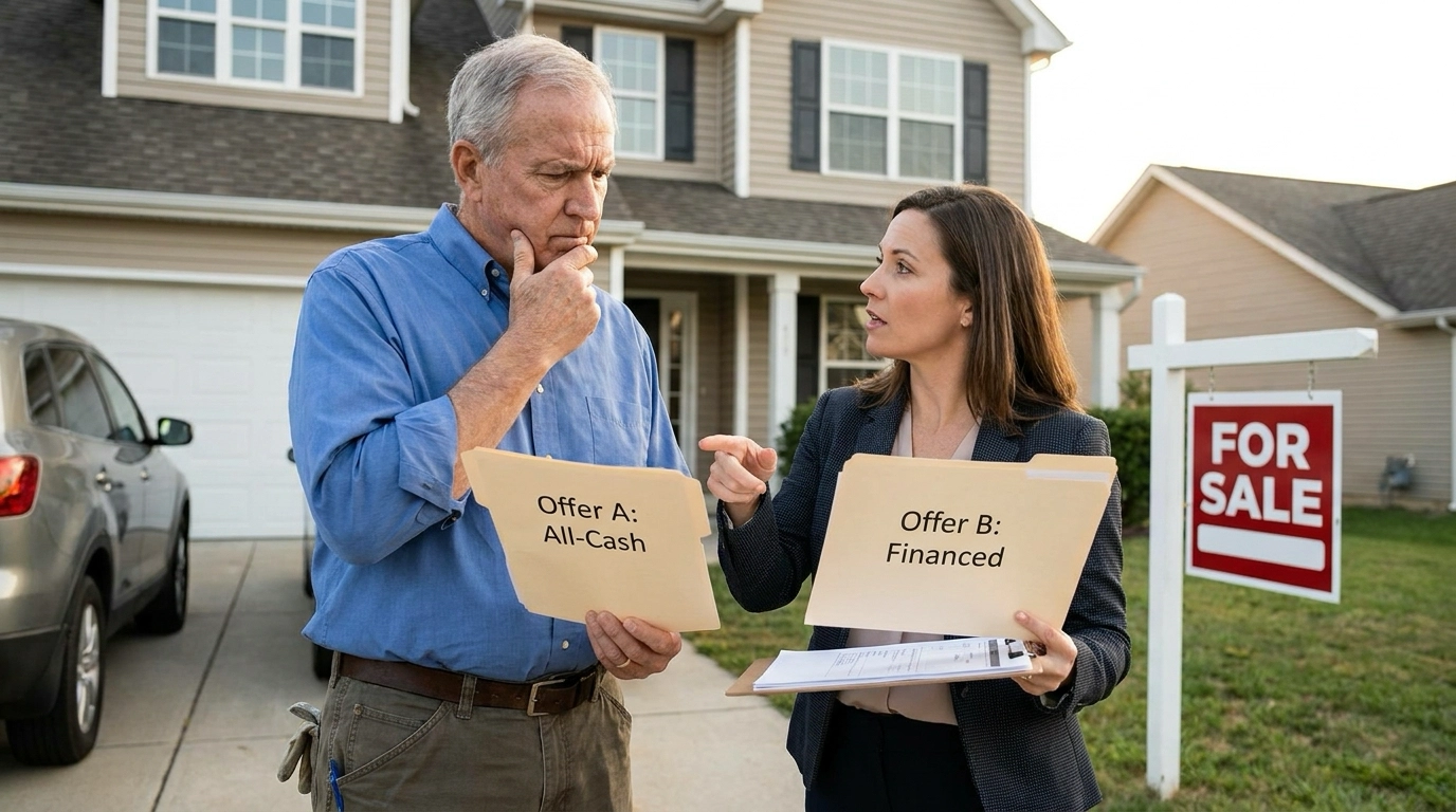 Seller standing in driveway holding two offer letters, agent helping compare trade-offs between quick cash certainty and higher financed price. Agent pointing to each offer explaining speed versus amount. Seller's thoughtful expression weighing competing priorities.