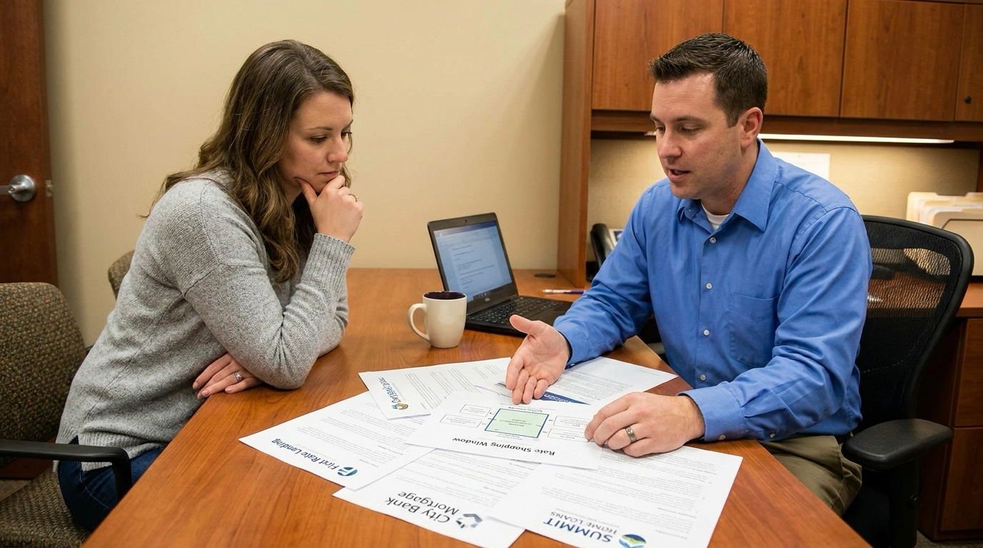 Buyer with loan officer examining multiple pre-approval letters from different lenders. Officer explaining rate shopping window. Curious expression comparing offers before house hunting.