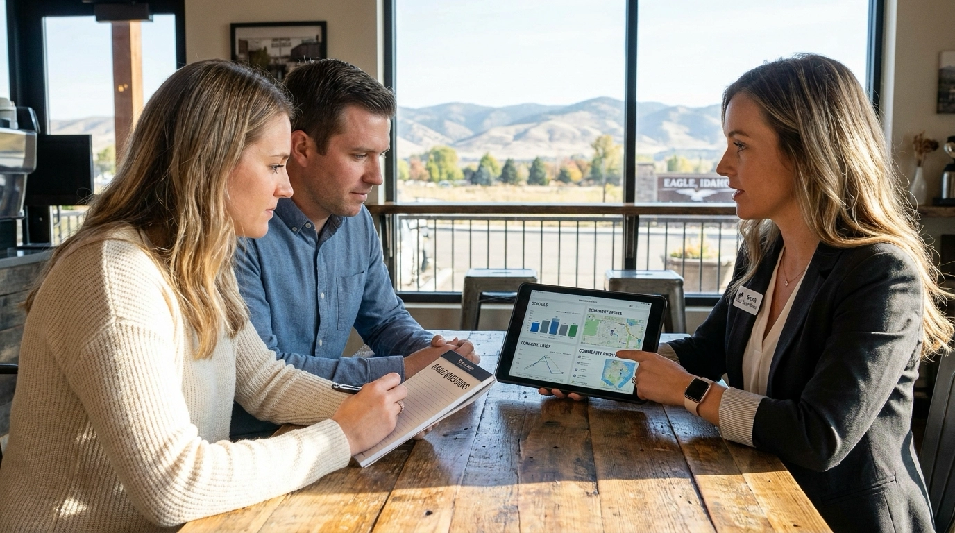Relocating couple meeting agent at coffee shop with prepared questions. Agent pointing to schools, commute, community info on tablet. Engaged expression gathering knowledge. Eagle foothills visible through window.