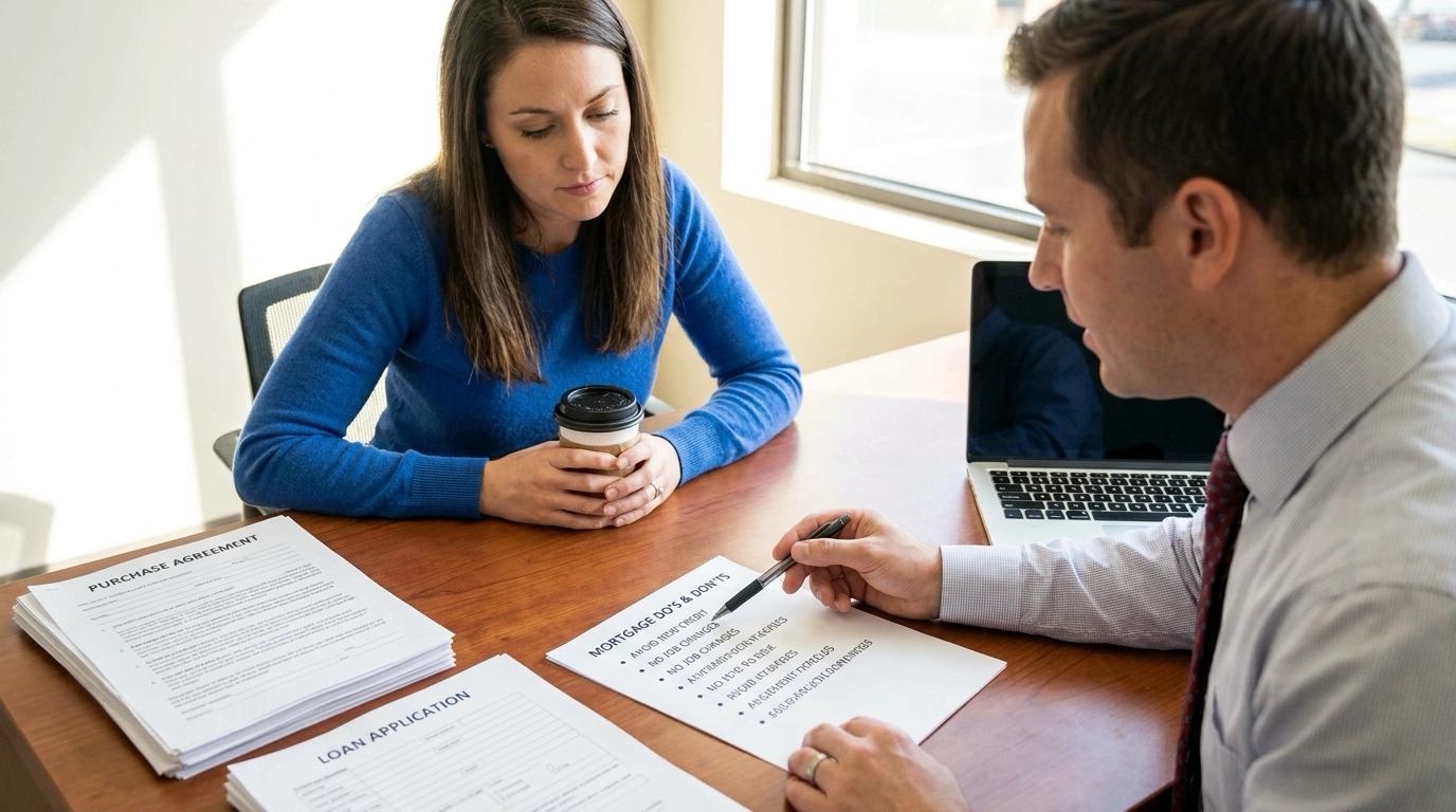 Buyer with loan officer reviewing checklist during mortgage process. Officer pointing to items like avoiding new credit or job changes. Attentive expression taking notes. Contract and loan documents visible.