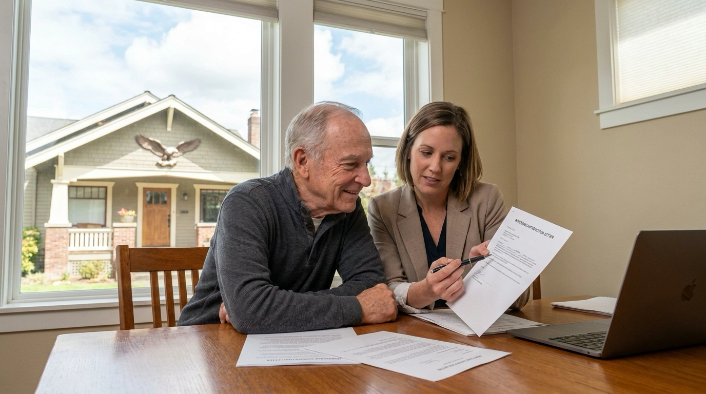 Homeowner with title officer reviewing satisfaction letter and payoff documentation. Officer pointing to clear title requirements. Attentive expression confirming loan closed out. Eagle home visible through window.