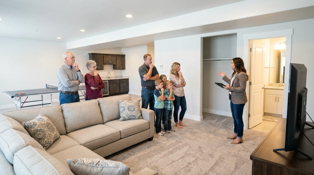 Extended family touring Boise home with agent examining finished basement with living area and bathroom. Agent pointing to flexible space options. Contemplative expressions considering fit. Basement space visible showing configuration.