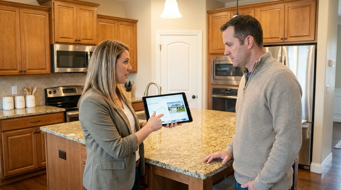 Seller walking Meridian home with pricing strategist examining kitchen pointing to comparable sales on tablet. Strategist gesturing toward features justifying price. Focused expression ensuring full value. Well-maintained interior visible.
