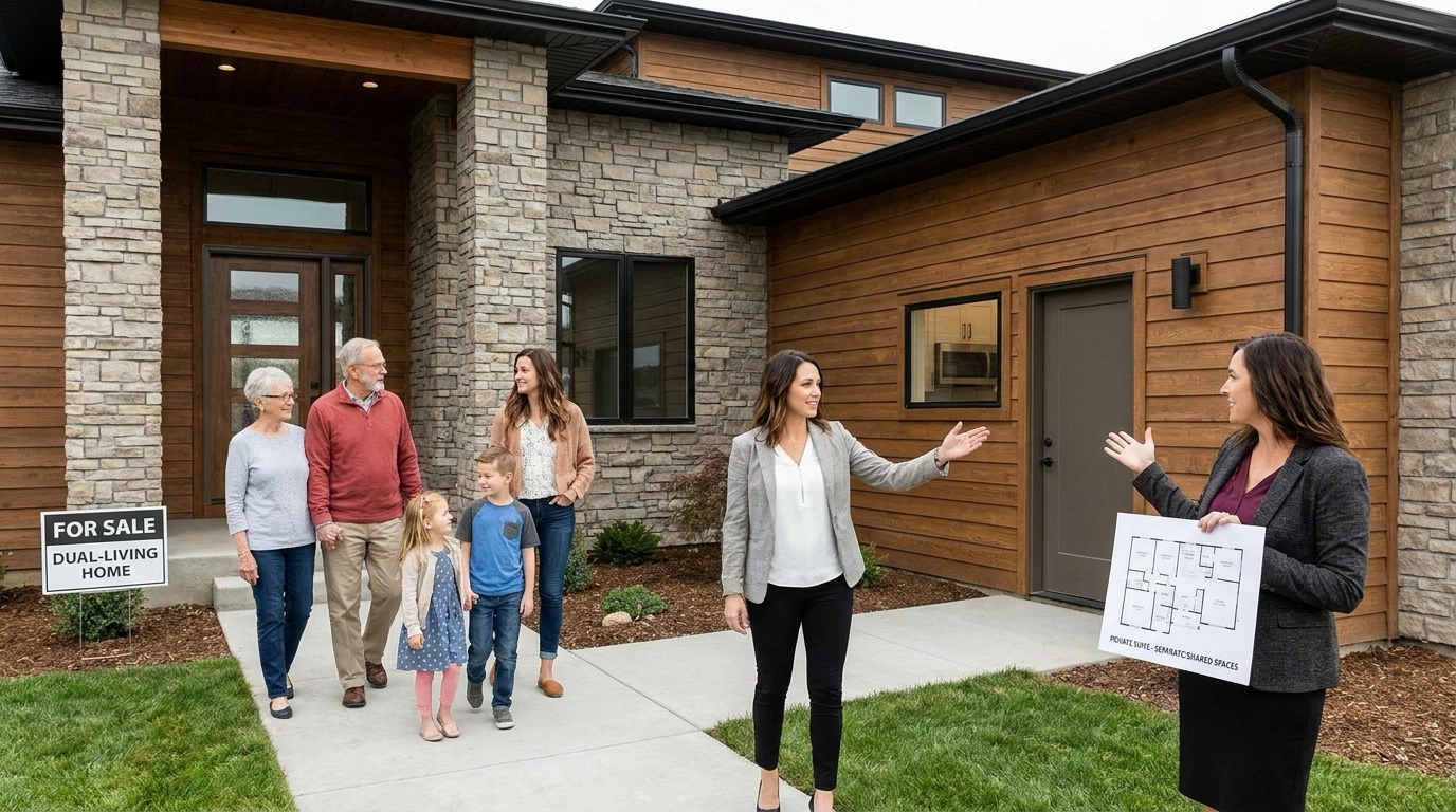 Multigenerational family walking Eagle home with agent examining private suite with entrance and kitchenette. Agent pointing to layout supporting separate and shared spaces. Family exchanging thoughtful looks discussing fit. Home visible showing dual-living configuration.