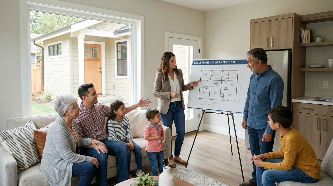 Multigenerational family touring Eagle home with agent examining suite with entrance and living area. Agent pointing to floor plan features. Family exchanging looks discussing fit. Home visible showing dual-entry configuration.